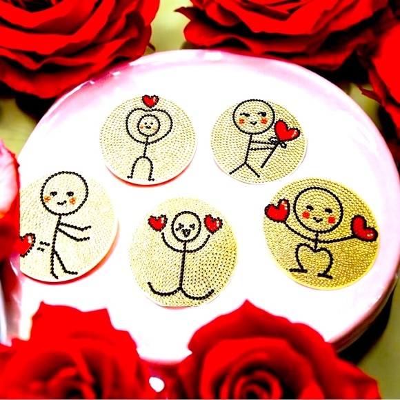 Stick Figure & Heart Coaster Set/8 & Holder Hand Crafted Sealed Diamond Art NWT - Picture 3 of 4